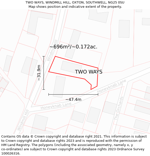 TWO WAYS, WINDMILL HILL, OXTON, SOUTHWELL, NG25 0SU: Plot and title map