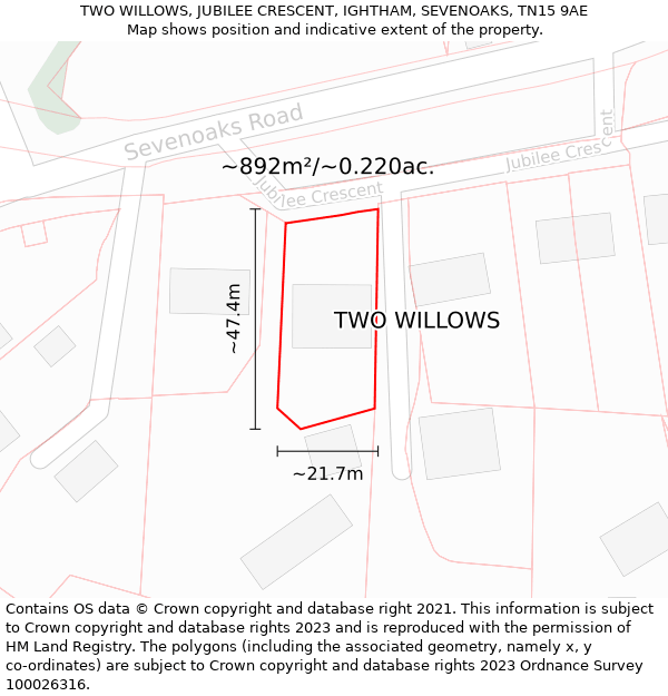 TWO WILLOWS, JUBILEE CRESCENT, IGHTHAM, SEVENOAKS, TN15 9AE: Plot and title map