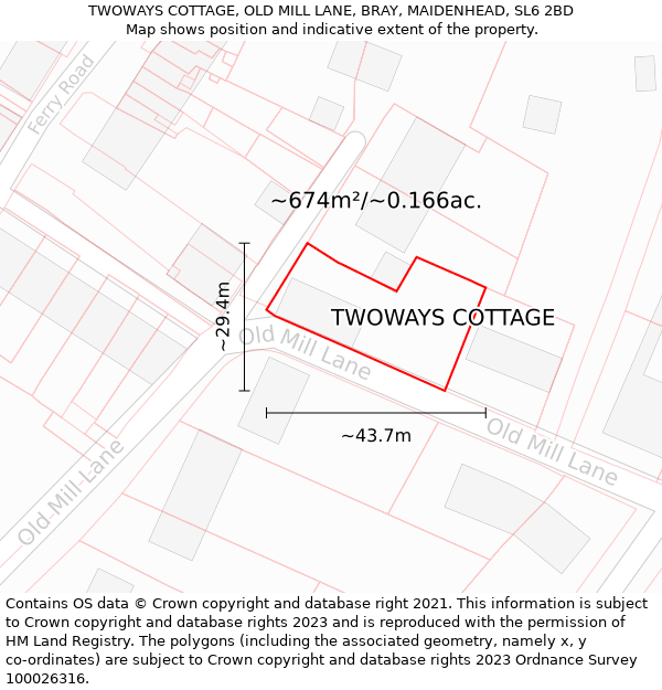 TWOWAYS COTTAGE, OLD MILL LANE, BRAY, MAIDENHEAD, SL6 2BD: Plot and title map