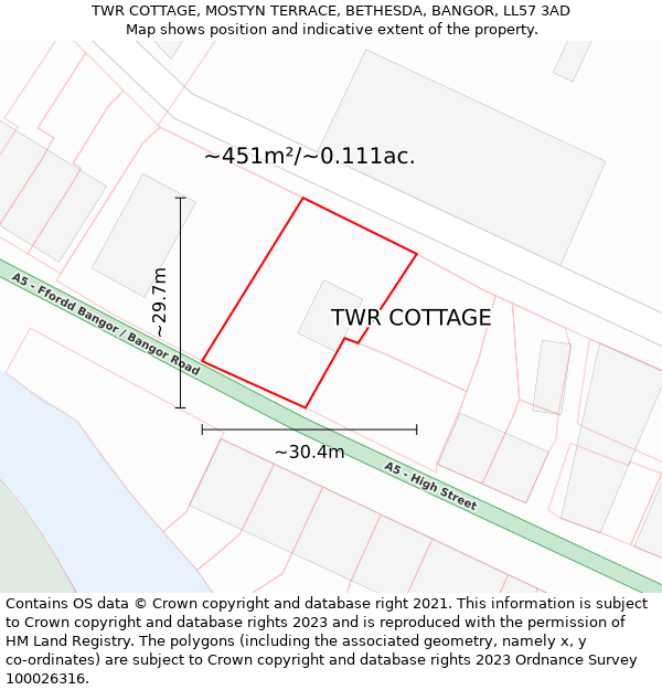 TWR COTTAGE, MOSTYN TERRACE, BETHESDA, BANGOR, LL57 3AD: Plot and title map