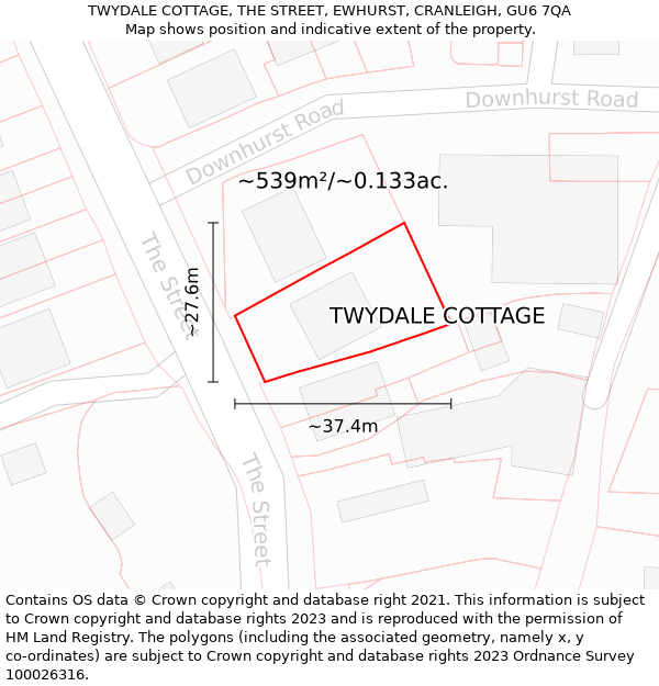 TWYDALE COTTAGE, THE STREET, EWHURST, CRANLEIGH, GU6 7QA: Plot and title map