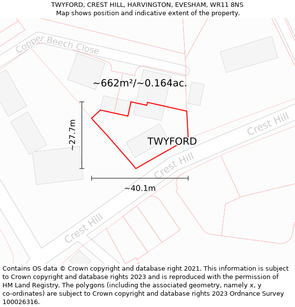 TWYFORD, CREST HILL, HARVINGTON, EVESHAM, WR11 8NS: Plot and title map