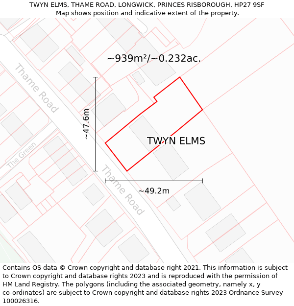 TWYN ELMS, THAME ROAD, LONGWICK, PRINCES RISBOROUGH, HP27 9SF: Plot and title map