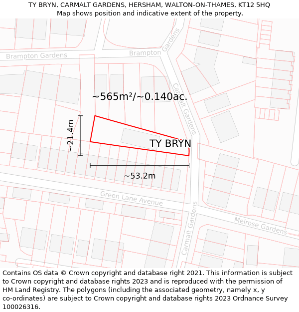 TY BRYN, CARMALT GARDENS, HERSHAM, WALTON-ON-THAMES, KT12 5HQ: Plot and title map