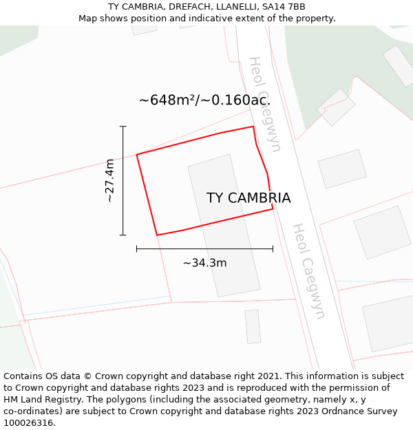TY CAMBRIA, DREFACH, LLANELLI, SA14 7BB: Plot and title map