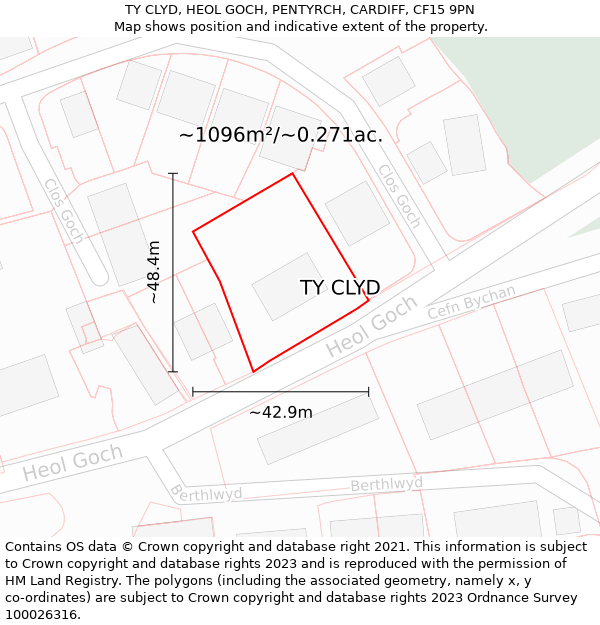 TY CLYD, HEOL GOCH, PENTYRCH, CARDIFF, CF15 9PN: Plot and title map