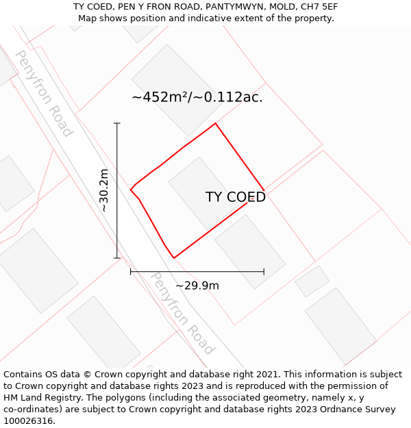 TY COED, PEN Y FRON ROAD, PANTYMWYN, MOLD, CH7 5EF: Plot and title map