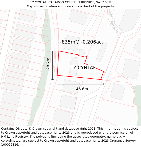 TY CYNTAF, CARADOG COURT, FERRYSIDE, SA17 5RR: Plot and title map