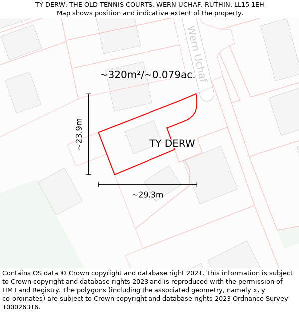 TY DERW, THE OLD TENNIS COURTS, WERN UCHAF, RUTHIN, LL15 1EH: Plot and title map