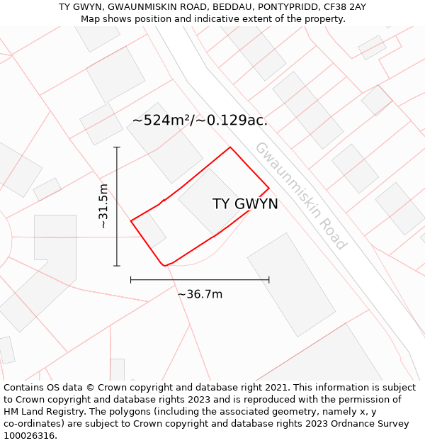 TY GWYN, GWAUNMISKIN ROAD, BEDDAU, PONTYPRIDD, CF38 2AY: Plot and title map