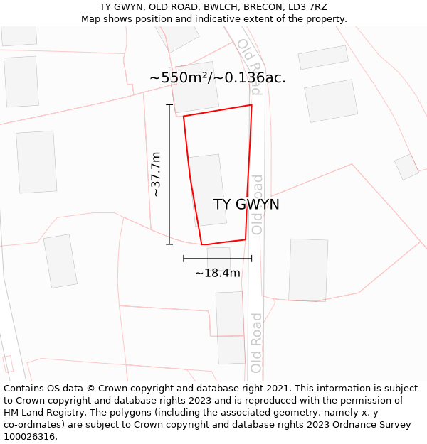 TY GWYN, OLD ROAD, BWLCH, BRECON, LD3 7RZ: Plot and title map