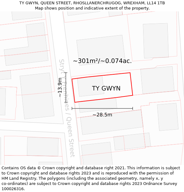 TY GWYN, QUEEN STREET, RHOSLLANERCHRUGOG, WREXHAM, LL14 1TB: Plot and title map