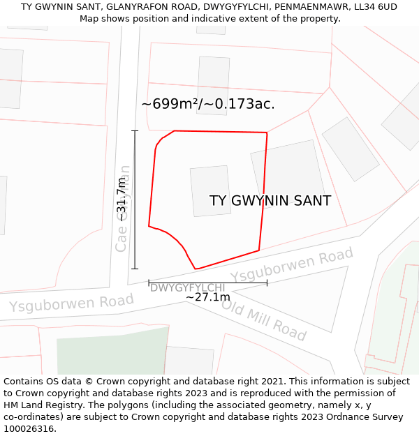 TY GWYNIN SANT, GLANYRAFON ROAD, DWYGYFYLCHI, PENMAENMAWR, LL34 6UD: Plot and title map