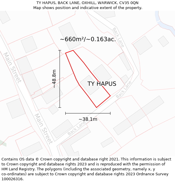 TY HAPUS, BACK LANE, OXHILL, WARWICK, CV35 0QN: Plot and title map