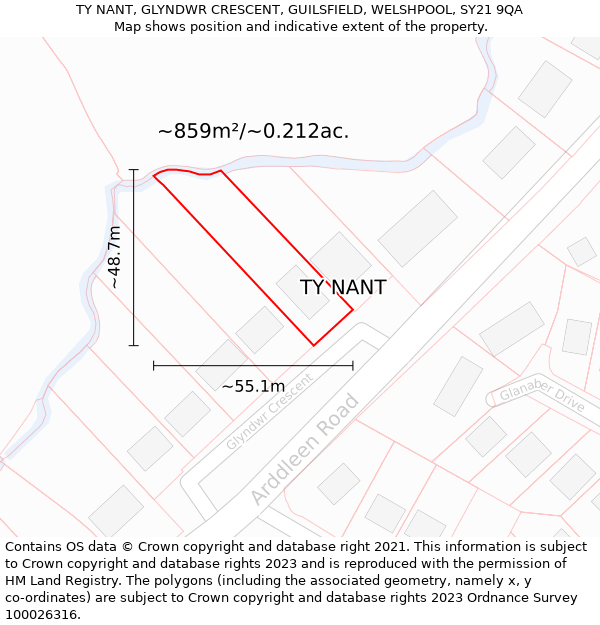 TY NANT, GLYNDWR CRESCENT, GUILSFIELD, WELSHPOOL, SY21 9QA: Plot and title map