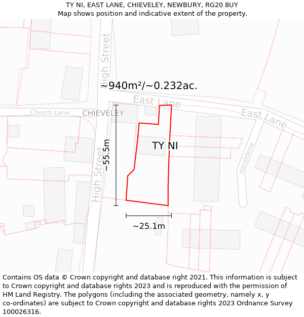 TY NI, EAST LANE, CHIEVELEY, NEWBURY, RG20 8UY: Plot and title map