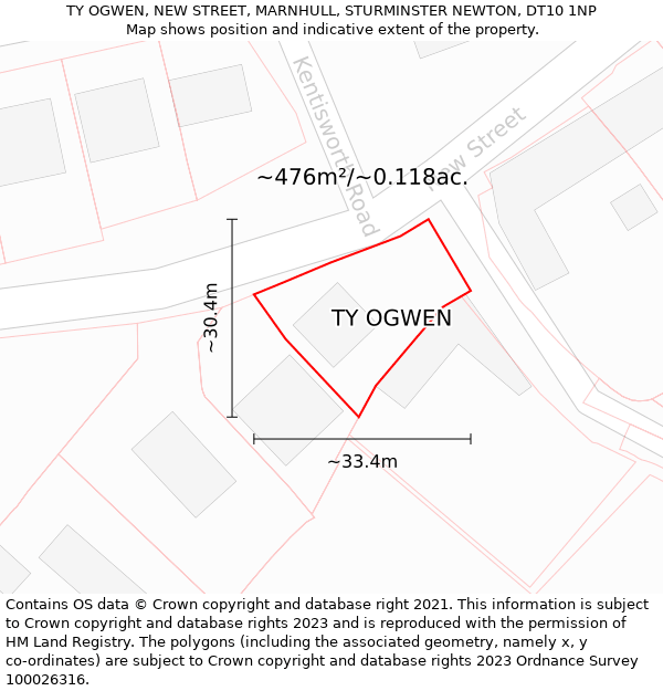 TY OGWEN, NEW STREET, MARNHULL, STURMINSTER NEWTON, DT10 1NP: Plot and title map