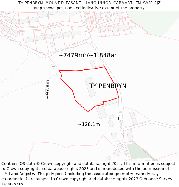 TY PENBRYN, MOUNT PLEASANT, LLANGUNNOR, CARMARTHEN, SA31 2JZ: Plot and title map