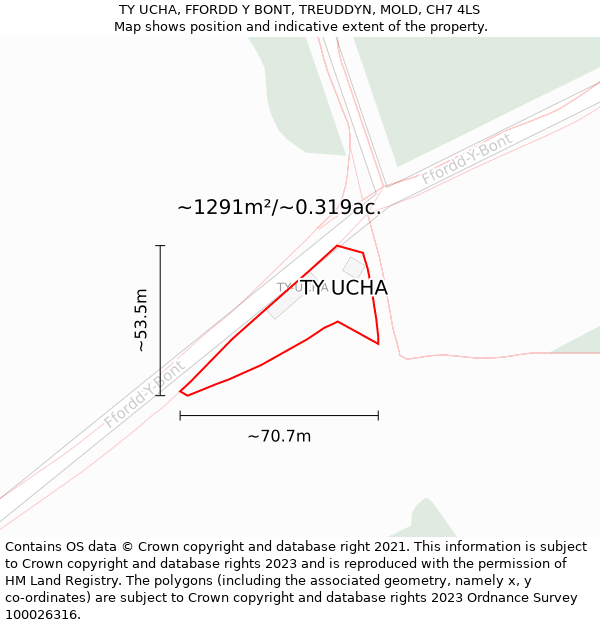 TY UCHA, FFORDD Y BONT, TREUDDYN, MOLD, CH7 4LS: Plot and title map