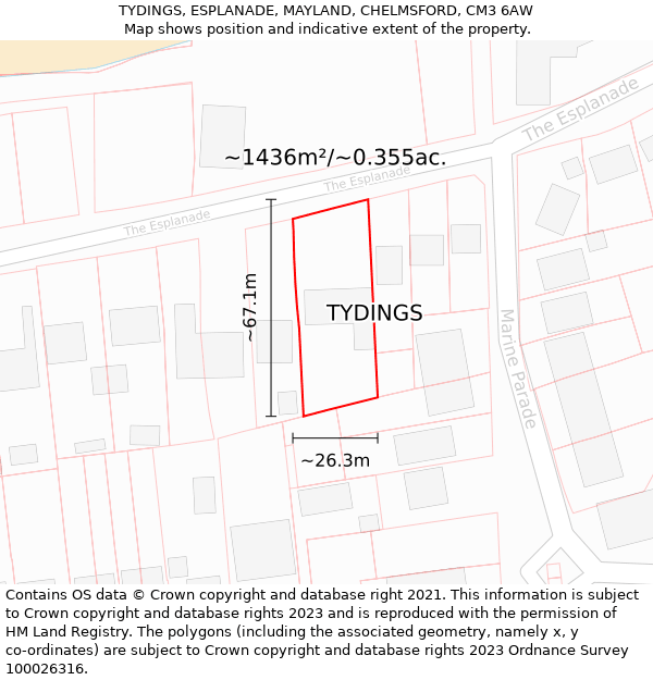 TYDINGS, ESPLANADE, MAYLAND, CHELMSFORD, CM3 6AW: Plot and title map