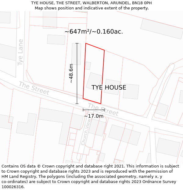 TYE HOUSE, THE STREET, WALBERTON, ARUNDEL, BN18 0PH: Plot and title map