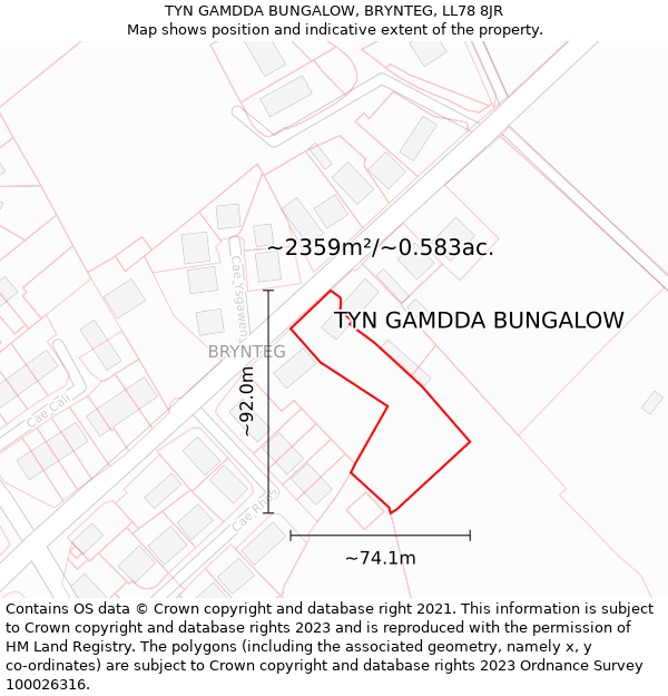 TYN GAMDDA BUNGALOW, BRYNTEG, LL78 8JR: Plot and title map
