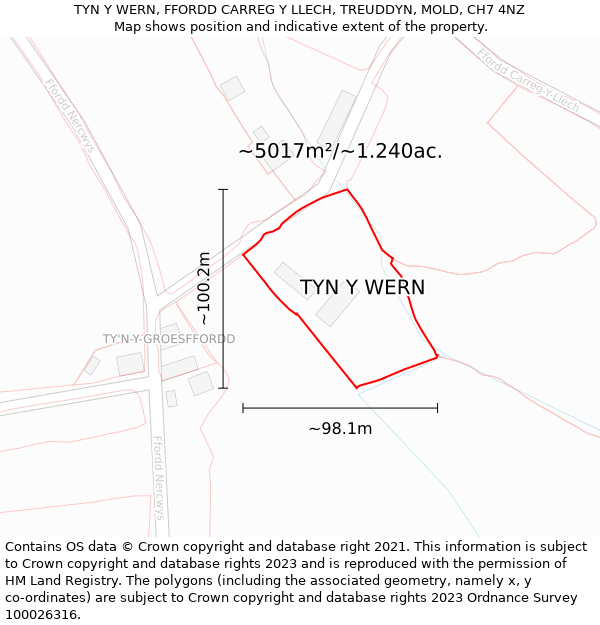 TYN Y WERN, FFORDD CARREG Y LLECH, TREUDDYN, MOLD, CH7 4NZ: Plot and title map