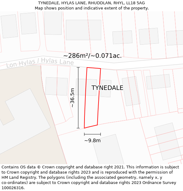 TYNEDALE, HYLAS LANE, RHUDDLAN, RHYL, LL18 5AG: Plot and title map