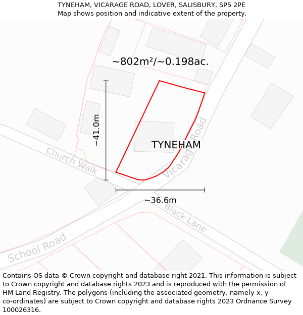 TYNEHAM, VICARAGE ROAD, LOVER, SALISBURY, SP5 2PE: Plot and title map