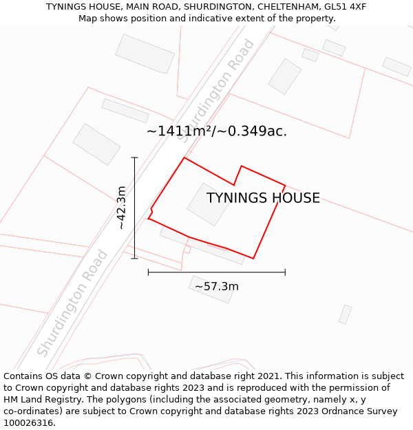 TYNINGS HOUSE, MAIN ROAD, SHURDINGTON, CHELTENHAM, GL51 4XF: Plot and title map