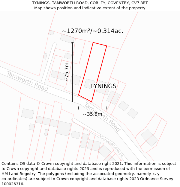 TYNINGS, TAMWORTH ROAD, CORLEY, COVENTRY, CV7 8BT: Plot and title map