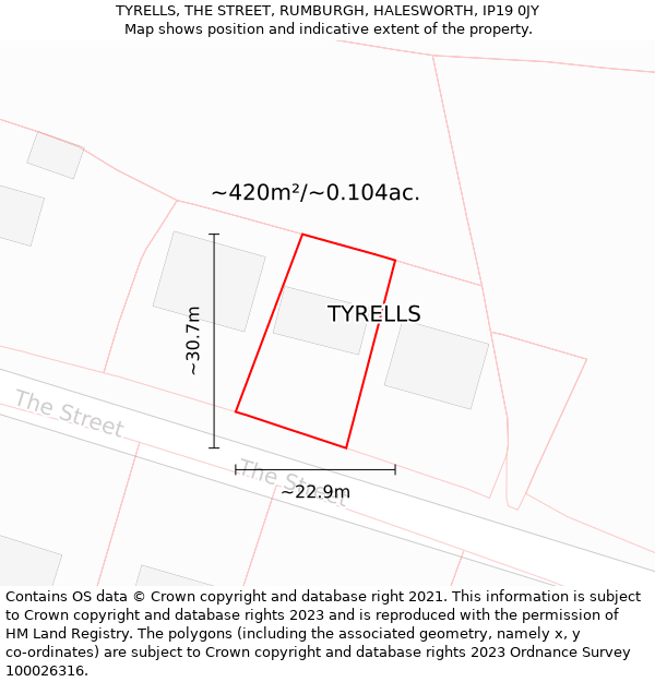 TYRELLS, THE STREET, RUMBURGH, HALESWORTH, IP19 0JY: Plot and title map