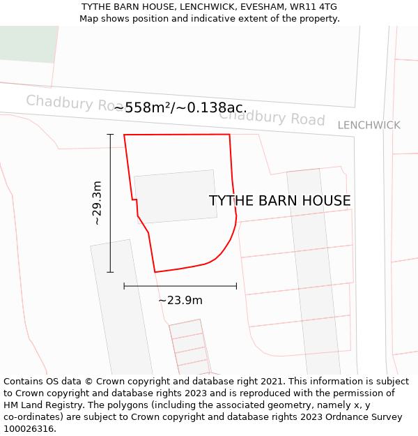 TYTHE BARN HOUSE, LENCHWICK, EVESHAM, WR11 4TG: Plot and title map