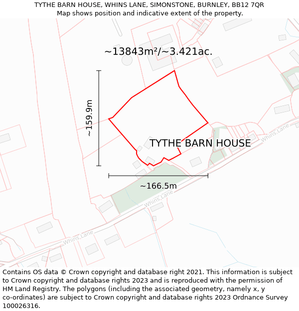 TYTHE BARN HOUSE, WHINS LANE, SIMONSTONE, BURNLEY, BB12 7QR: Plot and title map