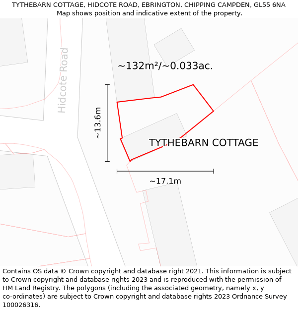 TYTHEBARN COTTAGE, HIDCOTE ROAD, EBRINGTON, CHIPPING CAMPDEN, GL55 6NA: Plot and title map