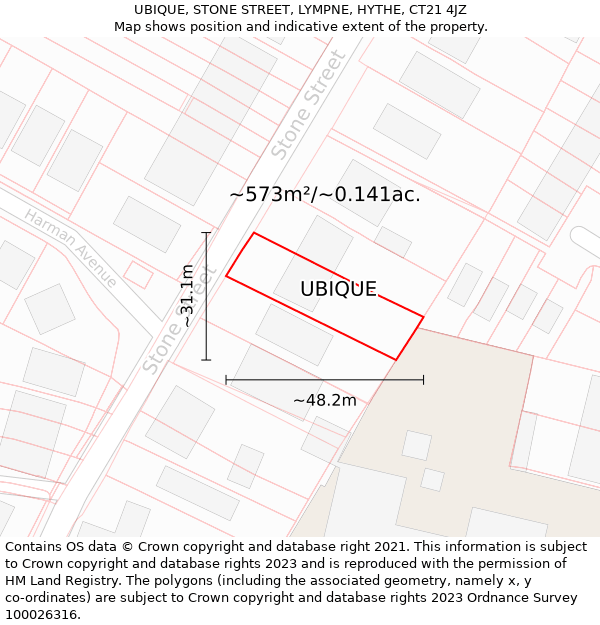 UBIQUE, STONE STREET, LYMPNE, HYTHE, CT21 4JZ: Plot and title map