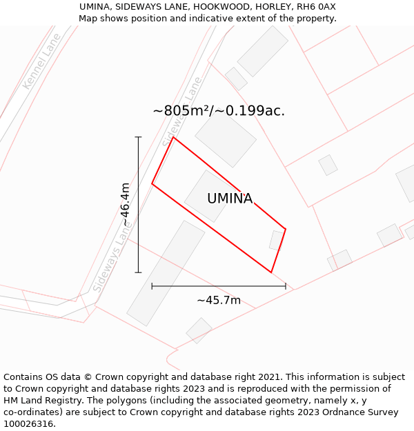 UMINA, SIDEWAYS LANE, HOOKWOOD, HORLEY, RH6 0AX: Plot and title map