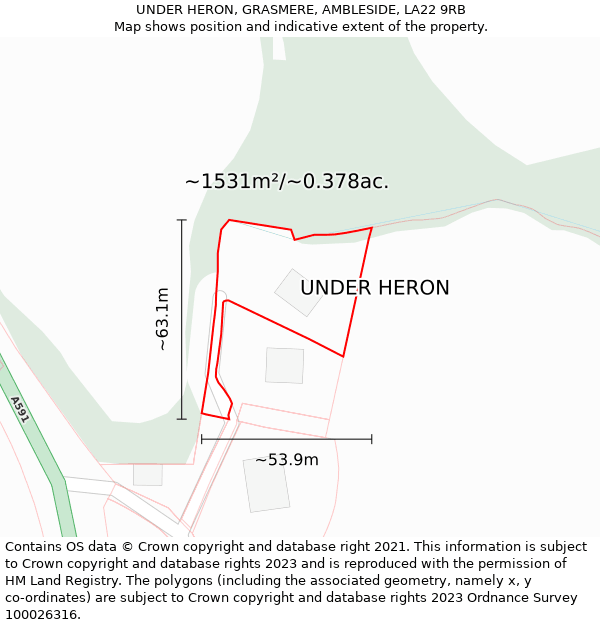 UNDER HERON, GRASMERE, AMBLESIDE, LA22 9RB: Plot and title map