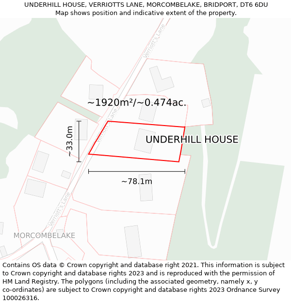 UNDERHILL HOUSE, VERRIOTTS LANE, MORCOMBELAKE, BRIDPORT, DT6 6DU: Plot and title map