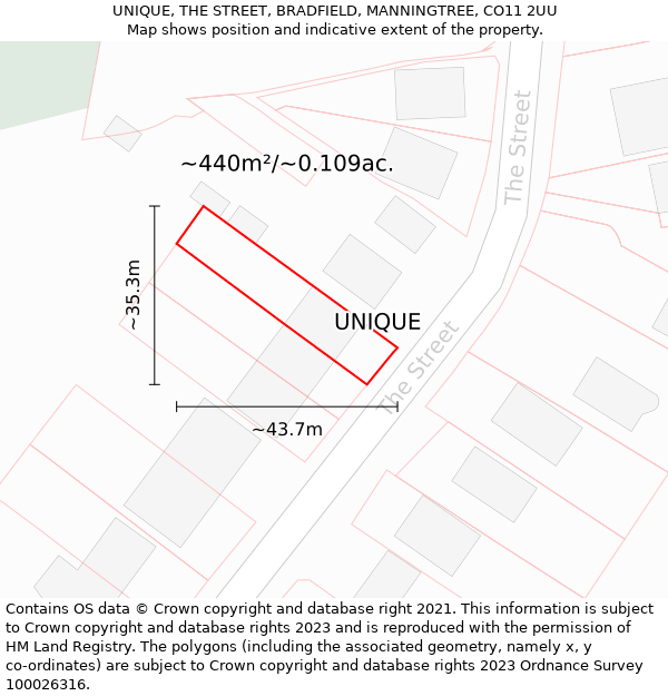 UNIQUE, THE STREET, BRADFIELD, MANNINGTREE, CO11 2UU: Plot and title map