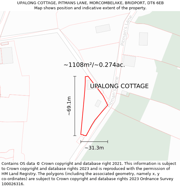 UPALONG COTTAGE, PITMANS LANE, MORCOMBELAKE, BRIDPORT, DT6 6EB: Plot and title map