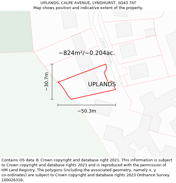 UPLANDS, CALPE AVENUE, LYNDHURST, SO43 7AT: Plot and title map