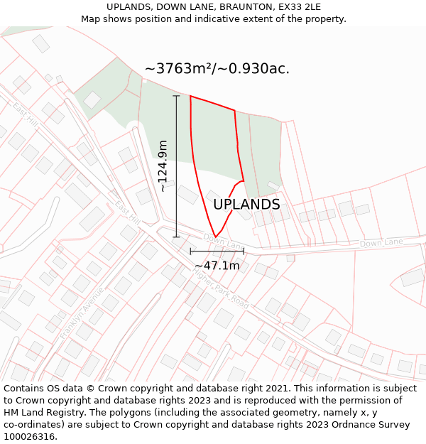 UPLANDS, DOWN LANE, BRAUNTON, EX33 2LE: Plot and title map