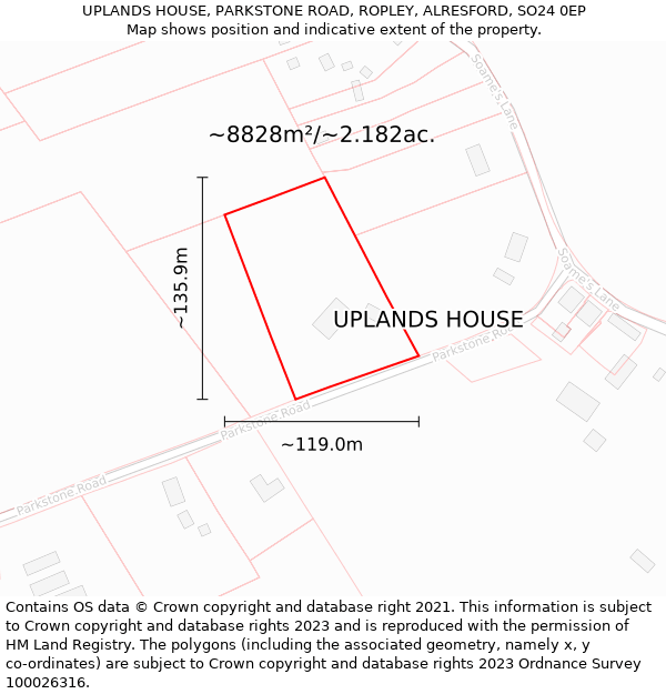 UPLANDS HOUSE, PARKSTONE ROAD, ROPLEY, ALRESFORD, SO24 0EP: Plot and title map