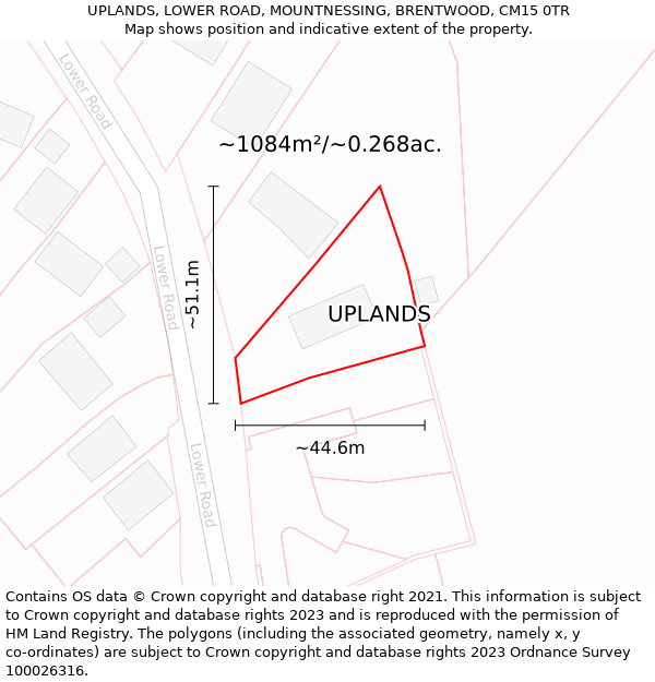 UPLANDS, LOWER ROAD, MOUNTNESSING, BRENTWOOD, CM15 0TR: Plot and title map