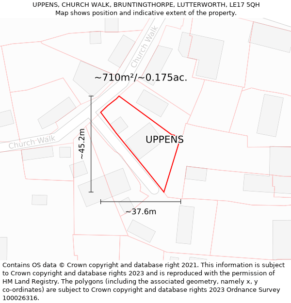 UPPENS, CHURCH WALK, BRUNTINGTHORPE, LUTTERWORTH, LE17 5QH: Plot and title map