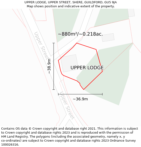 UPPER LODGE, UPPER STREET, SHERE, GUILDFORD, GU5 9JA: Plot and title map