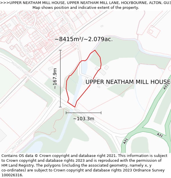 UPPER NEATHAM MILL HOUSE, UPPER NEATHAM MILL LANE, HOLYBOURNE, ALTON, GU34 4EP: Plot and title map