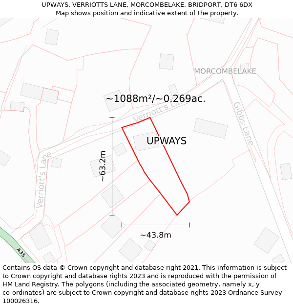 UPWAYS, VERRIOTTS LANE, MORCOMBELAKE, BRIDPORT, DT6 6DX: Plot and title map