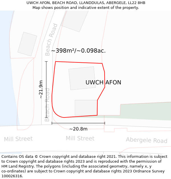 UWCH AFON, BEACH ROAD, LLANDDULAS, ABERGELE, LL22 8HB: Plot and title map